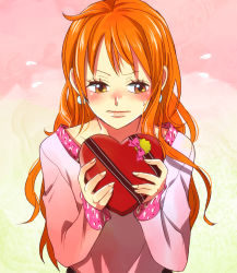Rule 34 | 1girl, blush, brown eyes, earrings, gift, heart, himerinco, holding, holding gift, jewelry, lips, long hair, nami (one piece), one piece, orange hair, solo, sweat, sweatdrop, valentine