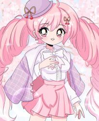 Rule 34 | 1990s (style), 1girl, absurdres, blush, bow, breasts, chellyko, cherry blossoms, cherry hair ornament, earrings, flower earrings, food-themed hair ornament, grin, hair ornament, hand on own chest, hat, hatsune miku, highres, jacket, jewelry, long hair, long sleeves, looking at viewer, medium breasts, pink eyes, pink hair, pink skirt, plaid, plaid jacket, purple hat, purple jacket, retro artstyle, sakura miku, sakura miku (rella), shirt, skirt, sky, smile, sparkle, spring (season), standing, teeth, twintails, vocaloid, white bow, white shirt