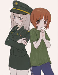 Rule 34 | 2girls, back-to-back, black necktie, blue eyes, blue pants, brown eyes, brown hair, closed mouth, commentary, cowboy shot, crossed arms, dress shirt, frown, girls und panzer, green headwear, green jacket, green shirt, green skirt, grey hair, hat, itsumi erika, jacket, japan self-defense force, long sleeves, looking at viewer, medium hair, military, military hat, military uniform, miniskirt, multiple girls, necktie, nishizumi miho, own hands together, pants, peaked cap, pencil skirt, ri (qrcode), shirt, short hair, short sleeves, side-by-side, simple background, skirt, sweatdrop, t-shirt, track pants, uniform, white background, white shirt, wing collar