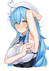 Rule 34 | 1girl, absurdres, ahoge, arm up, armpits, beret, blue bow, blue bowtie, blue hair, blush, bow, bowtie, breasts, cleavage, closed mouth, cropped torso, cup, flower, hair between eyes, hair flower, hair ornament, half updo, hat, heart, heart ahoge, highres, holding, holding cup, hololive, kuro (zhurunbo1997), large breasts, long hair, pointy ears, simple background, sleeveless, solo, sweat, upper body, virtual youtuber, white background, white hat, yellow eyes, yukihana lamy
