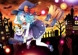 Rule 34 | 10s, 1girl, blue eyes, blue hair, bow, broom, curly hair, date a live, gyaza, halloween, hat, long hair, looking at viewer, mary janes, one eye closed, open mouth, pantyhose, riding, shoes, stuffed animal, stuffed rabbit, stuffed toy, white pantyhose, witch hat, yoshino (date a live), yoshinon