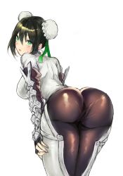 Rule 34 | 1girl, absurdres, ass, bent over, black hair, blush, bodysuit, breasts, bun cover, double bun, fate/grand order, fate (series), fingerless gloves, gloves, green eyes, hair bun, highres, katase bono, light blush, looking back, medium breasts, qin liangyu (fate), simple background, skin tight, solo, sweatdrop, white background