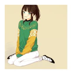 Rule 34 | 1girl, alternate hairstyle, azuma (no488888), bad id, bad pixiv id, beige background, black footwear, blue eyes, blunt bangs, blush, cross-laced footwear, green sweater, hair ornament, hair up, hairpin, hands on lap, kurosawa dia, long sleeves, looking at viewer, love live!, love live! sunshine!!, mole, mole under mouth, open mouth, pants, ponytail, raglan sleeves, sidelocks, sitting, smile, solo, sweater, wariza, white legwear, white pants