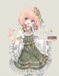 Rule 34 | 1girl, :d, blush, bow, character name, commentary, dress, flower, frilled dress, frills, gothic wa mahou otome, green bow, green dress, green eyes, grey background, hair between eyes, hair flower, hair ornament, hands up, holding, juliet sleeves, lolita fashion, long sleeves, looking at viewer, low twintails, open mouth, pantyhose, pink hair, puffy sleeves, rento (rukeai), rose, short twintails, simple background, smile, solo, souffle (gothic wa mahou otome), star (symbol), twintails, twitter username, white pantyhose, wide sleeves, yellow flower, yellow rose