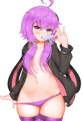 Rule 34 | 1girl, ahoge, black jacket, blush, breasts, commentary request, cowboy shot, daichi (tokoya), food, groin, hair between eyes, hair censor, hair ornament, highres, holding, holding food, jacket, long sleeves, looking at viewer, navel, open clothes, open jacket, panties, panty pull, popsicle, pulling own clothes, purple eyes, purple hair, purple panties, purple thighhighs, short hair with long locks, sidelocks, simple background, small breasts, solo, standing, stomach, thick thighs, thighhighs, thighs, tongue, tongue out, underwear, voiceroid, white background, yuzuki yukari