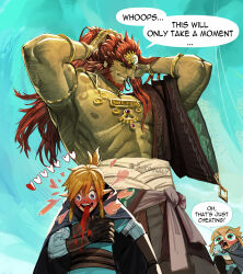 Rule 34 | 1girl, 2boys, abs, absurdres, armpits, artist name, baggy pants, belt, biceps, blonde hair, blood, blue sky, cape, colored skin, coughing blood, crown, fingerless gloves, ganondorf, gauntlets, gem, gloves, grabbing, grabbing own hair, green skin, hairband, heart, heart-shaped pupils, highres, huge pectorals, implied bisexual, japanese clothes, jewelry, kimono, link, long hair, long sleeves, looking at another, multiple boys, muscular, muscular male, napkin, nintendo, nipples, nosebleed, open clothes, open kimono, pants, pectorals, ponytail, princess zelda, red eyes, red hair, sara kinnaly, shirt, short hair, shoulder tattoo, sky, smirk, speech bubble, symbol-shaped pupils, tattoo, teeth, the legend of zelda, thick arms, thick eyebrows, twintails, twitter username