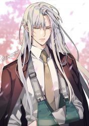 Rule 34 | 1boy, alternate costume, arm sling, artist name, casual, crescent, facial mark, gearous, highres, inuyasha, long hair, looking at viewer, male focus, necktie, pointy ears, sesshoumaru, silver hair, solo, upper body, yellow eyes