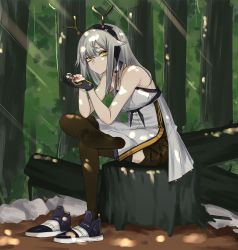Rule 34 | 1girl, antlers, arknights, black gloves, black pantyhose, breasts, chinese commentary, closed mouth, crossed legs, day, dress, expressionless, firewatch (arknights), firewatch (wilted cypress) (arknights), forest, full body, gloves, green shorts, hair between eyes, hair flaps, hairband, harmonica, highres, horns, instrument, light rays, long hair, looking at viewer, medium breasts, nature, off-shoulder dress, off shoulder, official alternate costume, outdoors, pantyhose, shoes, shorts, silver hair, single shoe, sitting, sitting on tree stump, sleeveless, solo, sunlight, thighs, unworn shoe, unworn shoes, wenzheng147, white dress, yellow eyes