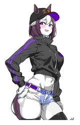 Rule 34 | 1girl, abs, alternate costume, baseball cap, belt, black hair, black thighhighs, blush, braid, breasts, brown hair, commentary request, contrapposto, cowboy shot, cropped jacket, ears through headwear, french braid, hair between eyes, hand on own hip, hat, highres, limited palette, long sleeves, medium breasts, midriff, multicolored hair, navel, open mouth, purple eyes, short shorts, shorts, simple background, smile, solo, special week (umamusume), streaked hair, textless version, thighhighs, umamusume, white background, white hair, yaki apple