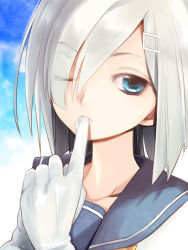 Rule 34 | 10s, 1girl, blue eyes, gloves, hair ornament, hair over one eye, hairclip, hamakaze (kancolle), kantai collection, kouhou no nin, one eye closed, primary stage, short hair, solo, white hair