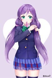 Rule 34 | 10s, 1girl, adjusting hair, bad id, bad pixiv id, blazer, breasts, green eyes, jacket, long hair, love live!, love live! school idol project, mouth hold, purple hair, school uniform, shainea, smile, solo, thighhighs, tojo nozomi, twintails, tying hair