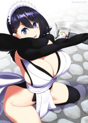 Rule 34 | 1girl, absurdres, arm guards, black hair, blue eyes, breasts, cleavage, commentary request, hair between eyes, highres, holding, holding weapon, iroha (samurai spirits), kneeling, large breasts, long hair, looking at viewer, maid headdress, mattari yufi, ninja, open mouth, pelvic curtain, samurai spirits, single thighhigh, smile, solo, thighhighs, upper body, weapon