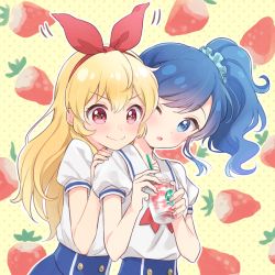 Rule 34 | + +, aikatsu!, aikatsu! (series), blonde hair, blue eyes, blue hair, blush, commentary, cup, disposable cup, drinking straw, expressive clothes, food, frappuccino, fruit, gobou 1000, hair between eyes, hair ornament, hair ribbon, hair scrunchie, hairband, hand on another&#039;s shoulder, holding, holding cup, hoshimiya ichigo, kiriya aoi, leaning on person, long hair, multiple girls, neckerchief, one eye closed, open mouth, polka dot, polka dot background, red eyes, ribbon, school uniform, scrunchie, side ponytail, smile, starbucks, strawberry, strawberry background, upper body, yuri