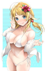 Rule 34 | 1girl, :p, bare shoulders, bikini, blonde hair, blue eyes, blush, breasts, cleavage, closed mouth, commentary request, flower, from above, hachimiya meguru, hair flower, hair ornament, hand up, highres, idolmaster, idolmaster shiny colors, inuzumi masaki, large breasts, long hair, long sleeves, looking at viewer, navel, off shoulder, open clothes, open shirt, shirt, sideboob, smile, solo, star (symbol), star hair ornament, swimsuit, tongue, tongue out, v, white bikini, white shirt