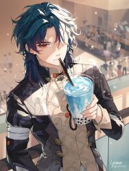 Rule 34 | 1bitheart, 1boy, absurdres, artist name, black hair, black jacket, blade (honkai: star rail), bubble tea, commentary, drinking, earrings, english commentary, fence, fingernails, hair over one eye, highres, honkai: star rail, honkai (series), indoors, jacket, jewelry, long hair, long sleeves, looking at viewer, male focus, mall, parted bangs, people, red eyes, solo, upper body, yorrun