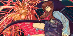 Rule 34 | 1girl, aerial fireworks, black cape, black hat, brown eyes, brown hair, cape, cogecha, fireworks, floating hair, from side, glasses, hat, highres, long hair, long sleeves, non-web source, official art, parted lips, plaid, plaid skirt, plaid vest, profile, purple skirt, purple vest, runes, second-party source, semi-rimless eyewear, shirt, skirt, solo, touhou, touhou lostword, two-sided cape, two-sided fabric, usami sumireko, vest, white shirt