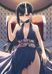 Rule 34 | 1girl, absurdres, black hair, blue dress, closed mouth, collarbone, commentary, dress, english commentary, hair between eyes, halter dress, halterneck, hand up, highres, horns, long hair, looking at viewer, lordol, lying, obi, on back, original, red eyes, rope, sash, side slit, single horn, sleeveless, sleeveless dress, solo, very long hair