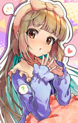 Rule 34 | 1girl, :o, ?, absurdres, adamusuki (user aahn7557), aqua hair, blue pajamas, blunt bangs, blush, bow, brown eyes, brown hair, colored inner hair, commentary request, eyelashes, frilled pillow, frills, hair bow, hands up, heart, highres, idolmaster, idolmaster cinderella girls, long hair, looking at viewer, multicolored background, multicolored hair, notice lines, open mouth, pajamas, pillow, pink bow, sidelocks, simple background, sleeves past wrists, solo, speech bubble, spoken heart, spoken notice lines, spoken question mark, steepled fingers, thought bubble, towel, towel on head, twitter username, upper body, very long hair, yorita yoshino