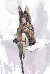 Rule 34 | 1girl, animal ear fluff, animal ears, black footwear, black skirt, breasts, brown hair, choker, cleavage, dagger, dated, highres, jacket, jewelry, knife, kurikabacha, leg strap, lipstick, long hair, lower teeth only, makeup, o-ring, orange jacket, original, parted lips, pinky ring, pouch, ring, scar, scar on face, sheath, sheathed, signature, single thighhigh, sitting, sketch, skirt, solo, talisman, teeth, thighhighs, twintails, weapon, yellow eyes