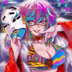 Rule 34 | 1girl, :d, asuka (wrestler), blue hair, breasts, cleavage, coat, grin, holding, holding mask, kabuki, lipstick, long sleeves, looking at viewer, makeup, mask, meowyin, multicolored hair, nail polish, open mouth, pink hair, red coat, red eyes, red nails, short hair, smile, solo, teeth, wrestling outfit, wwe