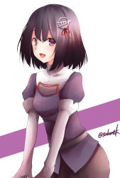 Rule 34 | 1girl, black hair, black skirt, brown eyes, commentary request, cowboy shot, elbow gloves, gloves, haguro (kancolle), hair ornament, highres, kamijou sadame, kantai collection, looking at viewer, military, military uniform, one-hour drawing challenge, pencil skirt, short hair, skirt, solo, twitter username, two-tone background, uniform, white background, white gloves