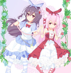 Rule 34 | 2girls, absurdres, animal ear fluff, animal ears, azur lane, blue bow, blue flower, blue footwear, blue rose, blue shirt, blue skirt, bow, breasts, brown hair, cat ears, closed mouth, collarbone, commentary request, crossover, dress, eyebrows hidden by hair, fingernails, flower, gloves, hair between eyes, hair bow, hands up, highres, historical name connection, holding hands, interlocked fingers, kantai collection, kisaragi (azur lane), kisaragi (kancolle), long hair, looking at viewer, mouth hold, multiple girls, name connection, nekoyanagi (azelsynn), pantyhose, pink hair, pink ribbon, purple eyes, red bow, red dress, red flower, red footwear, red rose, ribbon, ribbon in mouth, rose, shirt, shoes, short sleeves, single glove, skirt, small breasts, smile, striped clothes, striped legwear, striped pantyhose, striped shirt, unmoving pattern, v, vertical-striped clothes, vertical-striped shirt, very long hair, white gloves, white legwear