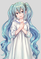 Rule 34 | 1girl, aqua eyes, aqua hair, asahi yuuji, commentary, dress, grey background, hands on own chest, hatsune miku, highres, long hair, looking at viewer, own hands together, sailor collar, sailor dress, simple background, smile, solo, twintails, upper body, very long hair, vocaloid, white dress