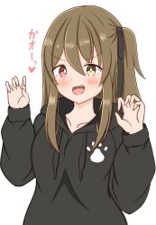 Rule 34 | 1girl, :d, assault lily, black hoodie, black ribbon, blush, bright pupils, brown hair, claw pose, collarbone, commentary, drawstring, fang, hair between eyes, hair ribbon, hands up, heart, heterochromia, highres, hood, hood down, hoodie, kuo shenlin, long hair, long sleeves, one side up, open mouth, paw print, print hoodie, red eyes, ribbon, serizawa pickel, sidelocks, simple background, smile, solo, spoken heart, teeth, translated, upper body, upper teeth only, v-shaped eyebrows, white background, white pupils, yellow eyes