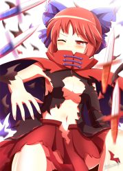 Rule 34 | 1girl, bad id, bad pixiv id, blush, bow, breasts, cape, hair bow, kisaragi zwei, large breasts, midriff, navel, no bra, no panties, one eye closed, red eyes, red hair, revision, sekibanki, shirt, skirt, solo, torn clothes, torn shirt, torn skirt, touhou, wince, wink