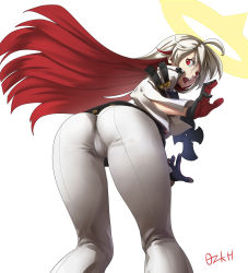 Rule 34 | 1girl, artist name, ass, ass focus, bell-bottoms, belt, butt crack, cameltoe, commentary, spiked halo, cross, english commentary, gloves, guilty gear, guilty gear xrd, halo, highres, impossible clothes, jack-o&#039; valentine, jumpsuit, looking at viewer, looking back, multicolored hair, open mouth, ozkh, pants, partially visible vulva, red eyes, red hair, simple background, skin tight, solo, two-tone hair, white background, white hair, white jumpsuit