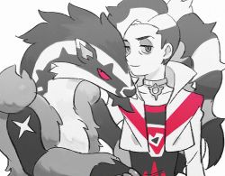 Rule 34 | 1boy, bad id, bad twitter id, black hair, choker, closed mouth, collarbone, commentary, creatures (company), cropped jacket, eyeshadow, game freak, gen 8 pokemon, grey choker, gym leader, half-closed eyes, jacket, long hair, makeup, male focus, multicolored hair, nata (mmgt nn), nintendo, obstagoon, piers (pokemon), pokemon, pokemon (creature), pokemon swsh, shirt, simple background, smile, spot color, two-tone hair, white jacket