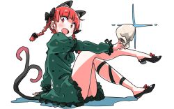 Rule 34 | 1girl, :d, animal ears, bare legs, black bow, black footwear, blunt bangs, bow, braid, cat ears, cat tail, dress, fang, footwear bow, frilled dress, frilled sleeves, frills, green dress, hair bow, hair ribbon, juliet sleeves, kaenbyou rin, leg ribbon, long sleeves, looking at viewer, multiple tails, open mouth, puffy sleeves, red bow, red eyes, red hair, ribbon, shadow, shoes, sitting, skull, smile, solo, tail, touhou, tress ribbon, twin braids, two tails, white background, zk (zk gundan)