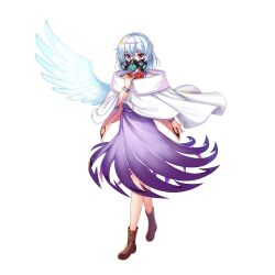 Rule 34 | 1girl, boots, bow, bowtie, braid, brown eyes, brown footwear, capelet, dress, french braid, full body, game cg, highres, kishin sagume, kishin sagume (truth temple of legitimacy and integrity), long sleeves, looking at viewer, mask, mouth mask, purple dress, red bow, red bowtie, rotte (1109), simple background, single wing, solo, third-party source, touhou, touhou lostword, white background, white capelet, white wings, wings