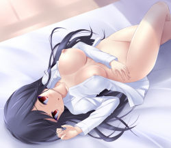 Rule 34 | 1girl, a channel, bad id, bad pixiv id, bed, black hair, breasts, convenient leg, large breasts, long hair, long sleeves, lying, naked shirt, nipples, nishi yuuko, on back, open clothes, open shirt, red eyes, riki (archf), shirt, solo, white shirt