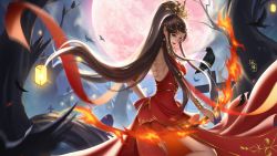 Rule 34 | 1girl, absurdres, artist request, back cutout, bare legs, bird, bow, brown hair, cai lin (doupo cangqiong), chain, clothing cutout, cross, crow, doupo cangqiong, dress, earrings, fire, fire, full moon, highres, jewelry, lantern, leg up, long hair, moon, night, pointy ears, ponytail, red dress, red eyes, second-party source, smile, solo