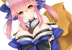 Rule 34 | 1girl, animal ears, bad id, bad pixiv id, bare shoulders, between breasts, blue ribbon, blush, bow, breasts, candy, chocolate, chocolate heart, cleavage, detached sleeves, fate (series), food, fox ears, fox tail, hair bow, hair ribbon, heart, japanese clothes, large breasts, looking at viewer, pink hair, ribbon, simple background, solo, tail, tamamo (fate), tamamo no mae (fate/extra), white background, yellow eyes, yuzu-aki