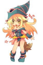 Rule 34 | 1girl, animal ears, bare shoulders, blonde hair, blue footwear, boots, breasts, character name, chibi, cleavage, dark magician girl, duel monster, full body, hat, inumimi-syndrome, kemonomimi mode, long hair, medium breasts, pentacle, solo, tail, white background, wizard hat, yellow eyes, yu-gi-oh!, yuu-gi-ou, yu-gi-oh! duel monsters