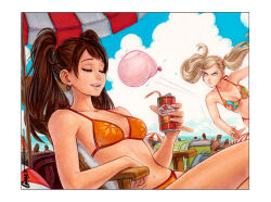 Rule 34 | 2girls, angry, beach, beach chair, beach umbrella, bikini, blonde hair, blue eyes, breasts, brown hair, can, closed eyes, drink can, earrings, feet out of frame, floral print, hair ornament, hairclip, halterneck, holding, holding can, jewelry, kujikawa rise, large breasts, long hair, looking at another, medium breasts, multiple girls, multiple others, nail polish, omar dogan, orange bikini, outdoors, persona, persona 4, persona 5, pink nails, print bikini, sitting, soda can, speed lines, swimsuit, takamaki anne, throwing, twintails, umbrella, water balloon