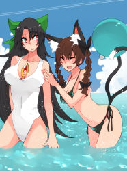 Rule 34 | 2girls, :o, alternate hair color, animal ears, bad id, bad pixiv id, ball, bikini, black hair, blush, bow, braid, breasts, brown hair, cat ears, cat girl, cat tail, cloud, collarbone, contemporary, day, extra ears, closed eyes, female focus, hair bow, jont, kaenbyou rin, large breasts, long hair, medium breasts, multiple girls, multiple tails, navel, ocean, one-piece swimsuit, open mouth, outdoors, prehensile tail, red eyes, reiuji utsuho, side-tie bikini bottom, sky, swimsuit, tail, third eye, touhou, twin braids, very long hair, wading, water, white one-piece swimsuit