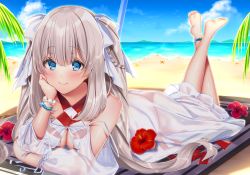 Rule 34 | 1girl, arm support, bad id, bad pixiv id, bare shoulders, barefoot, beach, bikini, bikini under clothes, blue sky, blush, bow, braid, breasts, cleavage, closed mouth, cloud, collarbone, commentary request, cosplay, criss-cross halter, day, dress, fate/grand order, fate (series), flower, hair between eyes, hair bow, halterneck, highres, horizon, legs up, long hair, long sleeves, lying, marie antoinette (fate), medium breasts, navy (navy.blue), nero claudius (fate), nero claudius (fate) (all), nero claudius (swimsuit caster) (fate), nero claudius (swimsuit caster) (fate) (cosplay), nero claudius (swimsuit caster) (third ascension) (fate), ocean, on stomach, outdoors, puffy long sleeves, puffy sleeves, red flower, sand, see-through, side-tie bikini bottom, silver hair, sky, smile, soles, solo, striped bikini, striped clothes, swimsuit, the pose, twintails, very long hair, water, white bow, white dress
