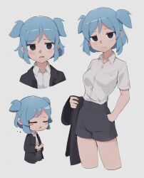 Rule 34 | 1girl, absurdres, black coat, black eyes, black shorts, bleeding, blood, blood on face, blue hair, breasts, closed mouth, coat, unworn coat, collared shirt, cropped legs, expressionless, grey background, hand in pocket, highres, kirkeone, light blush, looking at viewer, medium breasts, multiple views, open clothes, open coat, original, parted lips, shirt, shirt tucked in, short hair, short sleeves, shorts, simple background, triss (kirkeone), twintails