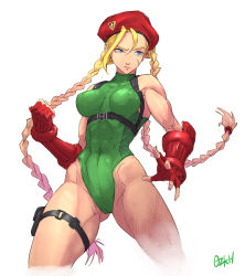 Rule 34 | 1girl, abs, blonde hair, braid, cameltoe, cammy white, capcom, clenched hand, closed mouth, covered abs, covered erect nipples, covered navel, fingerless gloves, gloves, green leotard, hat, highres, leotard, long hair, muscular, muscular female, ozkh, pouch, red gloves, red hat, scar, scar on face, signature, simple background, solo, street fighter, thigh strap, turtleneck, twin braids, twintails, white background