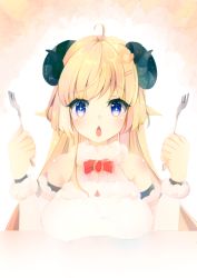 Rule 34 | + +, 1girl, :o, absurdres, ahoge, animal ears, bare shoulders, blonde hair, blue eyes, bow, bowtie, breasts, brooch, chestnut mouth, chibimame, detached sleeves, fork, fur-trimmed sleeves, fur trim, hair ornament, hairclip, highres, holding, holding fork, hololive, horns, jewelry, large breasts, long hair, open mouth, red bow, red bowtie, sheep ears, sheep girl, sheep horns, sleeveless, solo, tsunomaki watame, tsunomaki watame (1st costume), very long hair, virtual youtuber