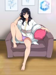 Rule 34 | 1girl, arm rest, barefoot, black hair, couch, cushion, full body, hand in own hair, hand up, hibike! euphonium, highres, knee up, kousaka reina, legs, long hair, looking at viewer, on couch, panties, pantyshot, parted lips, picture frame, purple eyes, purple panties, robe, sash, sbel02, sitting, solo, thighs, underwear, wooden floor