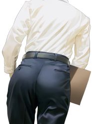 Rule 34 | 1boy, ass, ass focus, belt, black pants, dutch angle, file, male focus, original, pants, salaryman, shirt, simple background, solo, wadani hitonori, walking, white background, white shirt