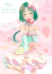Rule 34 | 00s, 10s, 1girl, 2015, akimoto komachi, arm warmers, bare shoulders, bow, dated, dress, flower, frills, galibo, green eyes, green hair, hair bow, jewelry, long hair, matching hair/eyes, necklace, pearl necklace, pink background, pink bow, pink skirt, precure, skirt, solo, strapless, strapless dress, striped, striped background, yes! precure 5