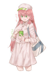 Rule 34 | 1girl, :d, akashi (kancolle), alternate costume, az toride, bag, breast pocket, casual, cellphone, cowboy shot, green eyes, hair ribbon, hat, headwear ornament, holding, holding phone, kantai collection, long hair, looking at phone, open mouth, phone, pink hair, pink hat, pink shirt, pink skirt, pocket, ribbon, shirt, simple background, skirt, smartphone, smile, solo, tress ribbon, watch, white background, wristwatch
