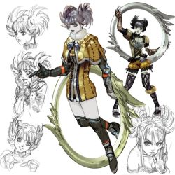 Rule 34 | 1girl, alternate costume, blunt bangs, character sheet, concept art, eiserne drossel (weapon), expressions, kawano takuji, mole, official art, ring blade, soul calibur, soulcalibur, soulcalibur iii, thighhighs, tira (soulcalibur), twintails, weapon