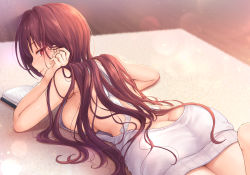 Rule 34 | 1girl, ass, backless dress, backless outfit, bare arms, bare back, bare legs, barefoot, blurry, blush, book, breasts, brown hair, butt crack, closed mouth, depth of field, dress, fate/grand order, fate (series), tucking hair, highres, leg up, light particles, long hair, looking at viewer, looking back, lying, mashuu (neko no oyashiro), meme attire, naked sweater, on stomach, open book, profile, reading, red eyes, rug, scathach (fate), short dress, sideboob, sideways glance, smile, solo, sweater, sweater dress, turtleneck, turtleneck sweater, virgin killer sweater, white dress, white sweater, wooden floor
