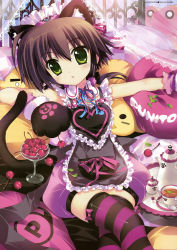 Rule 34 | 1girl, absurdres, animal ears, animal hands, apron, brown hair, cat ears, cat tail, cherry, crossed legs, cup, fang, food, frills, fruit, fujima takuya, gloves, green eyes, heart, highres, lying, paw gloves, pillow, short hair, sitting, solo, striped clothes, striped thighhighs, tail, tea set, teacup, teapot, thighhighs, tray, zettai ryouiki